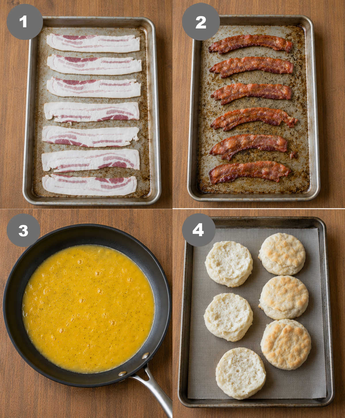 Raw bacon on a pan then baked. Scrambled eggs in a skillet and biscuits on a baking sheet.