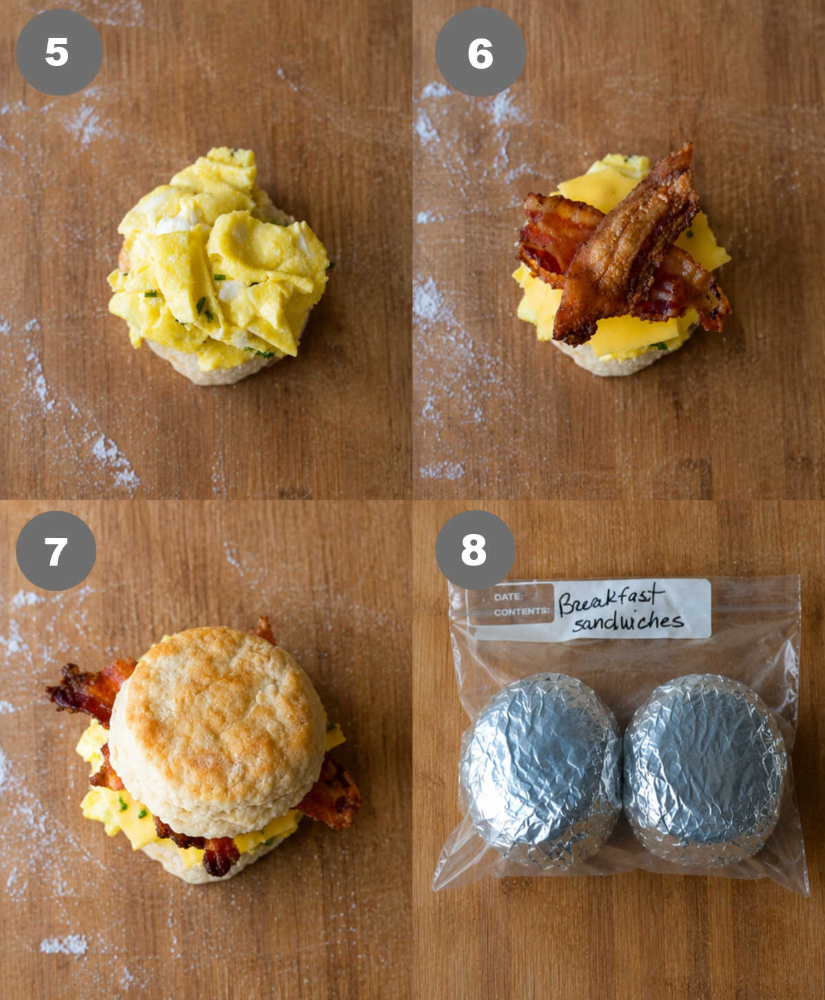Biscuit sandwich being put together then wrapped in foil and placed into a freezer bag.