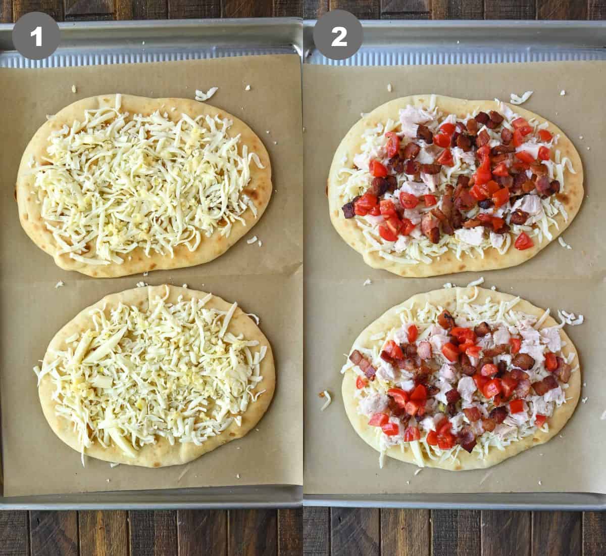 Flatbread on a baking sheet with cheese added, then chicken, bacon and tomatoes placed on top.