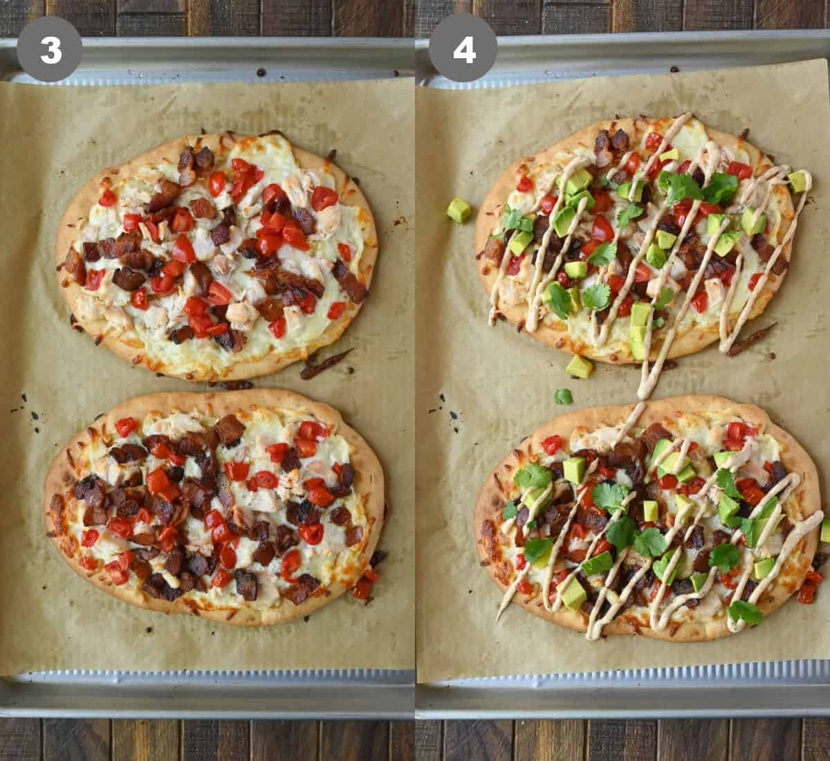 Chicken club flatbread on a baking sheet that has been baked then avocado, sauce and cilantro added on top.