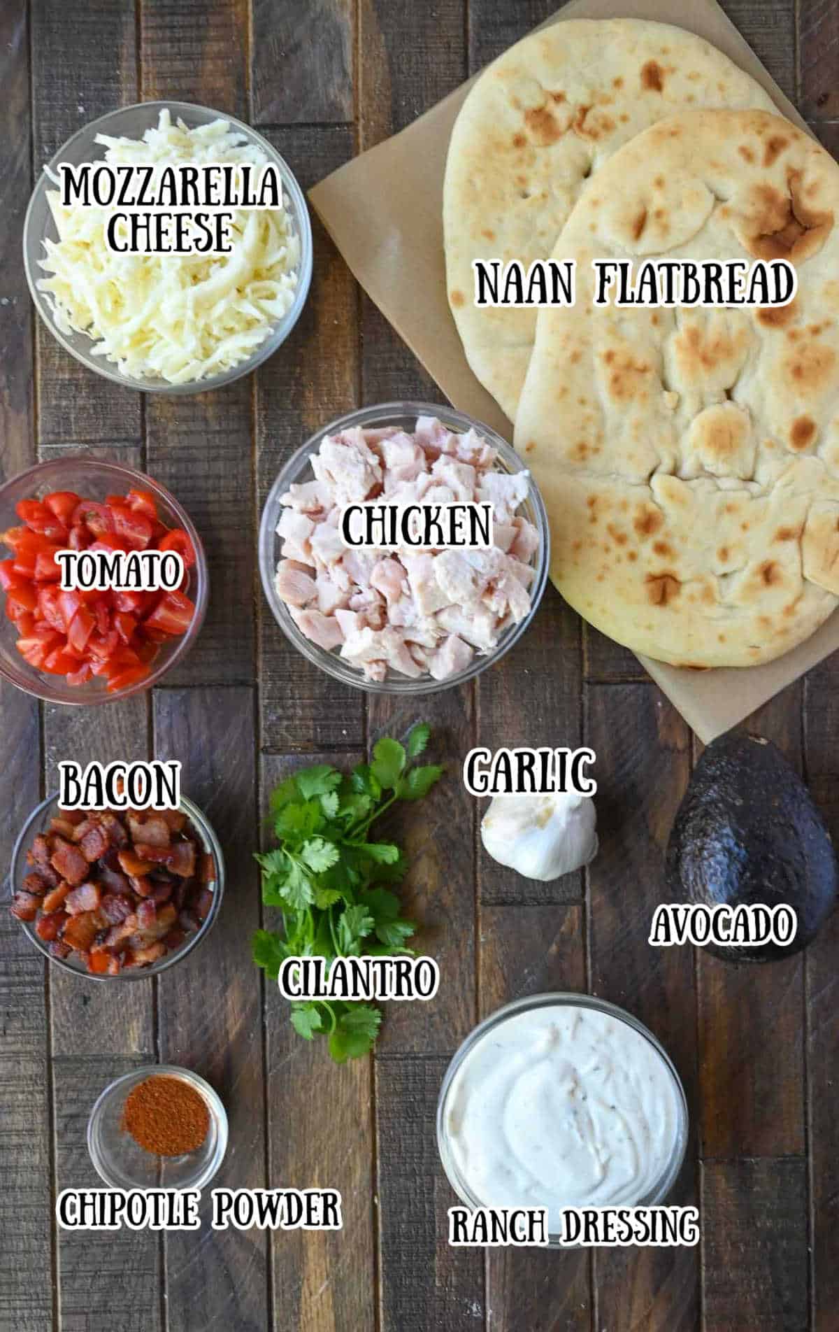 All the ingredients needed for this chicken flatbread.
