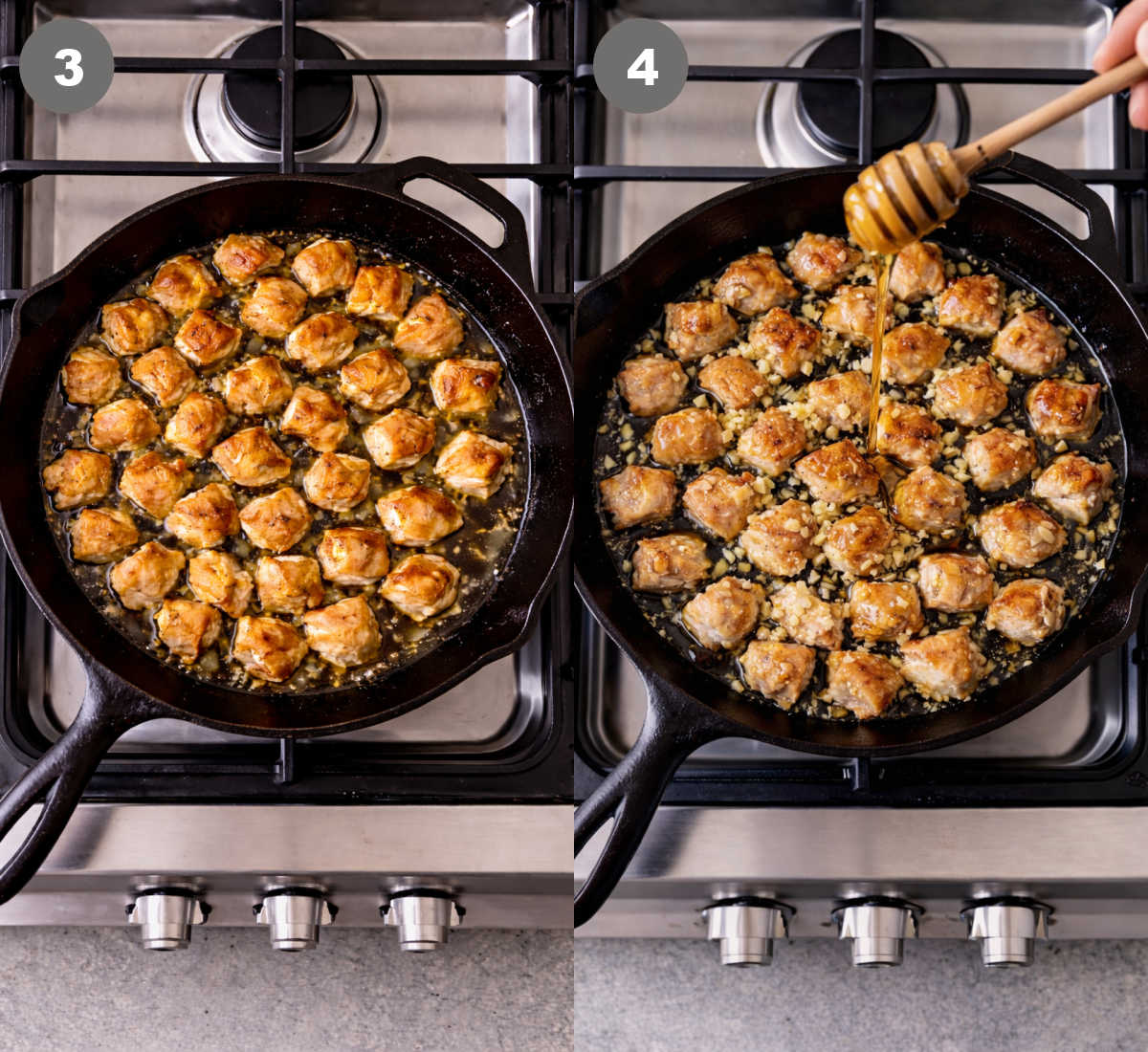 honey butter chicken bites cooked in a skillet with garlic and honey.