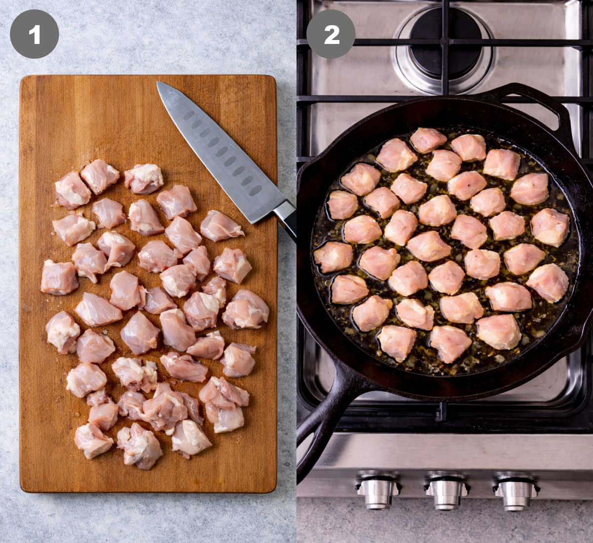 Chicken thighs being cut up into pieces. And sauteed in a skillet.