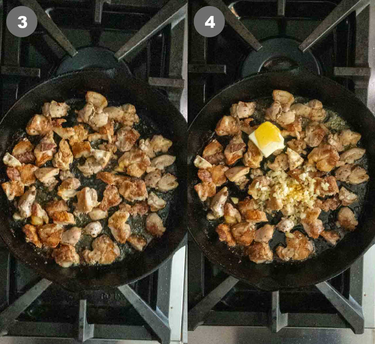 Chicken pieces seared then butter, garlic and honey added.