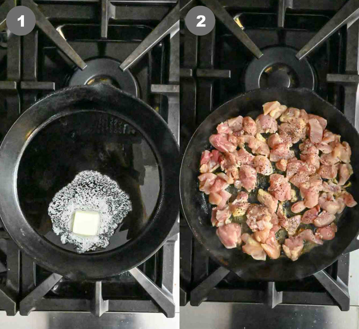 Butter melted in a skillet with olive oil. Then chicken pieces added.