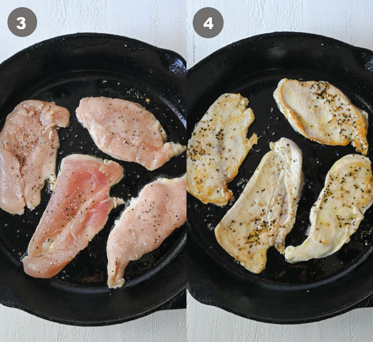 Chicken seared in a cast iron skillet.