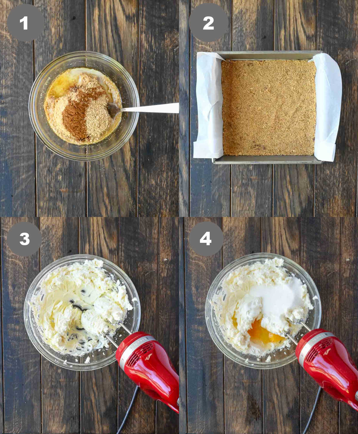 Graham cracker crumbs in a baking pan and filling mixed in a bowl.
