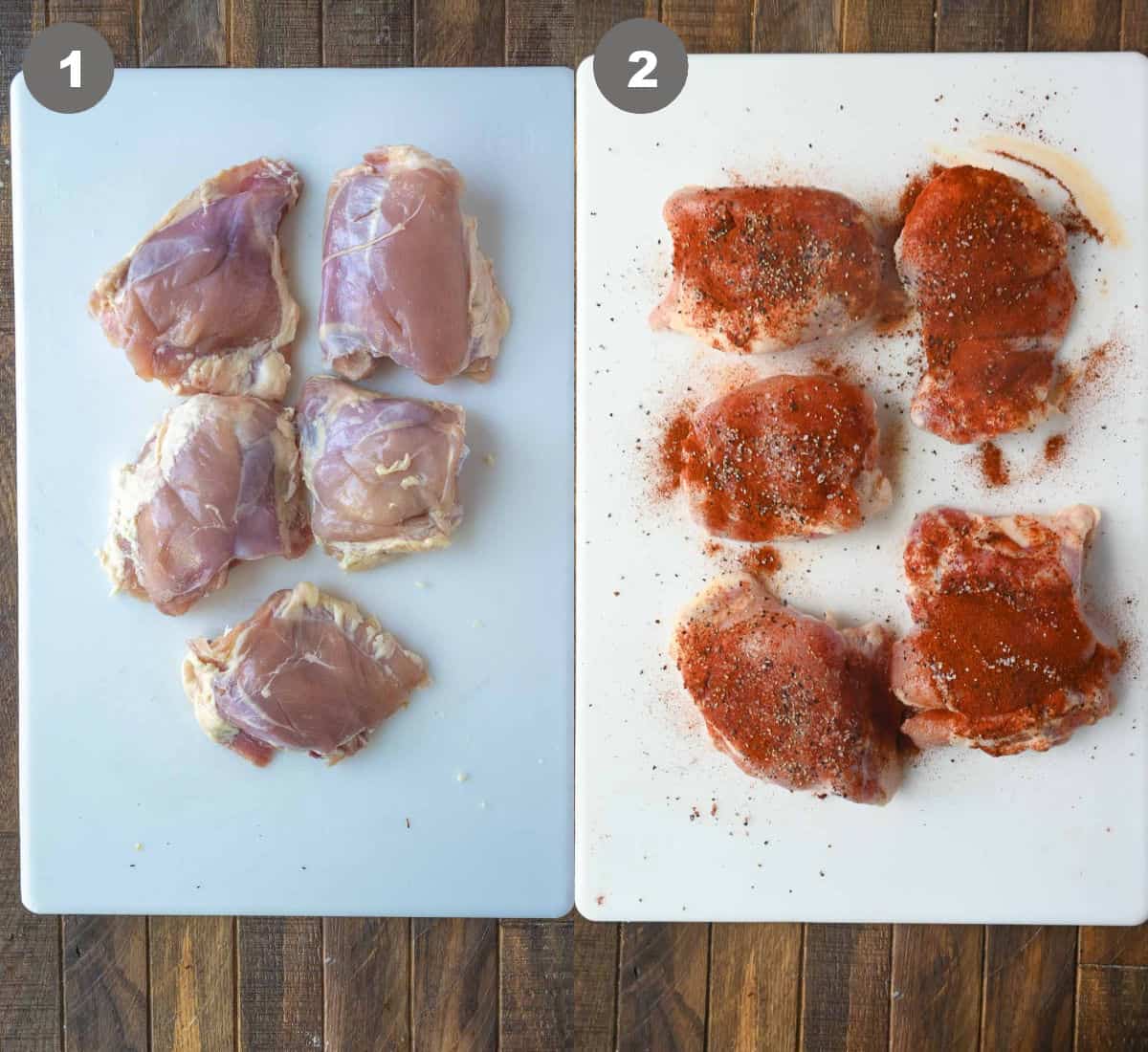 Raw chicken thighs on a cutting board then spices sprinkled on top.