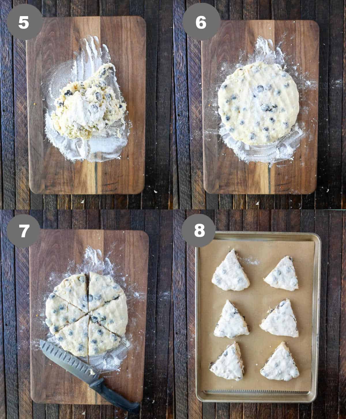 Dough placed on a cutting board and shaped into scones.