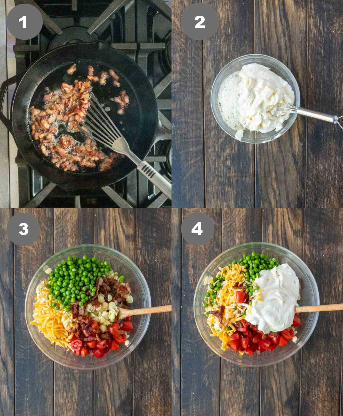 Bacon cooked in a skillet then dressing added to a bowl then everything mixed together in a large bowl.