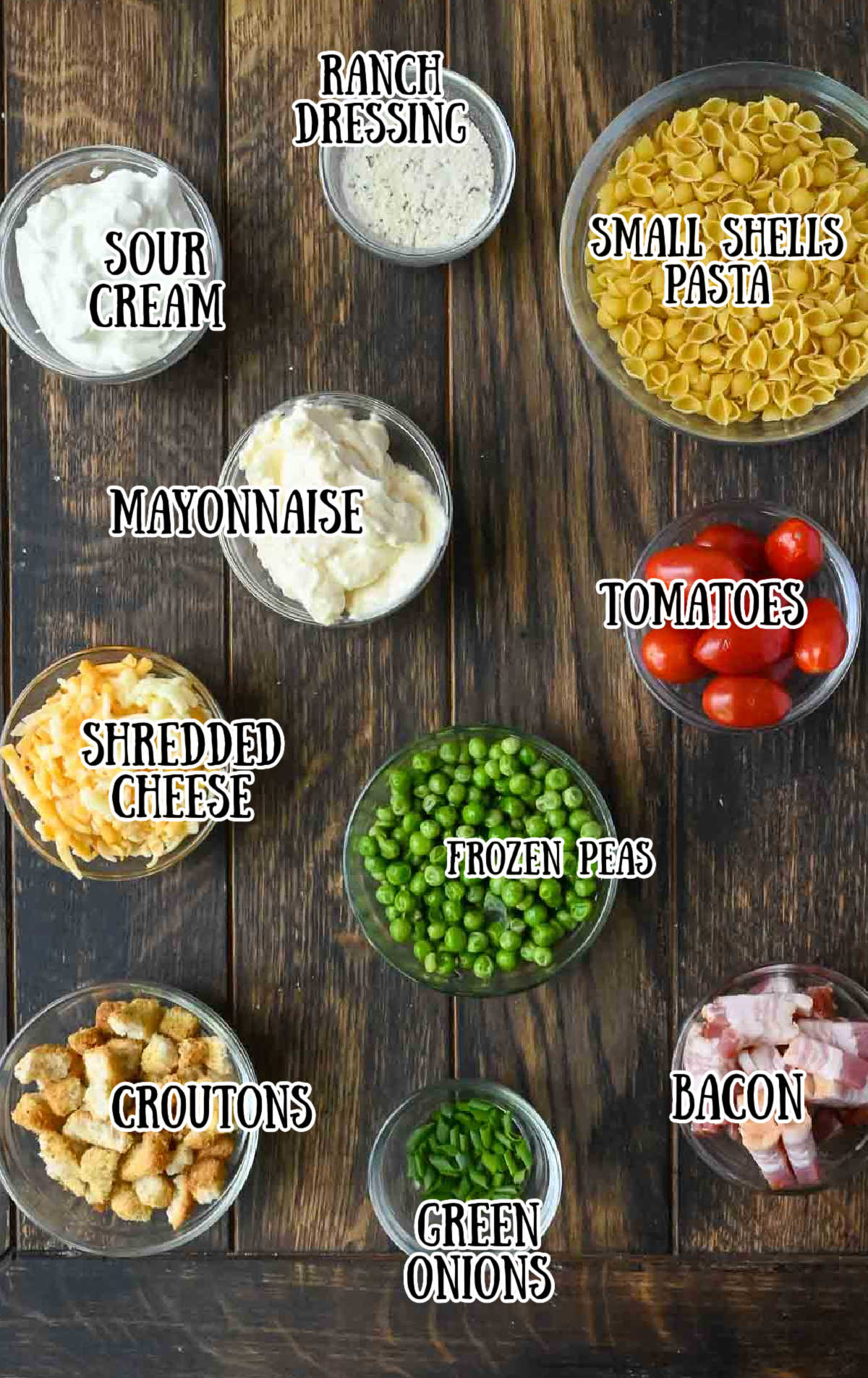 All the ingredients needed for this bacon ranch pasta salad.