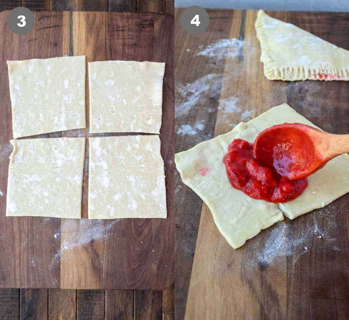 Puff pastry cut into four even squares and strawberry filling added in them.