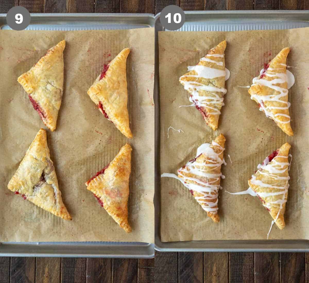 Strawberry turnover baked on a baking sheet then icing drizzled over the top.