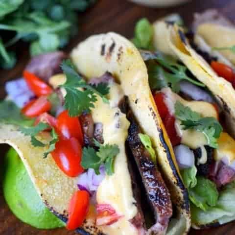Grilled Steak Tacos with Nacho Cheese Sauce