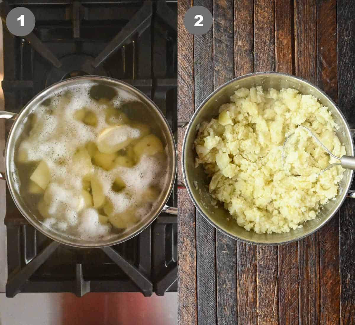 Potatoes being boiled in a pot, drained and smashed.