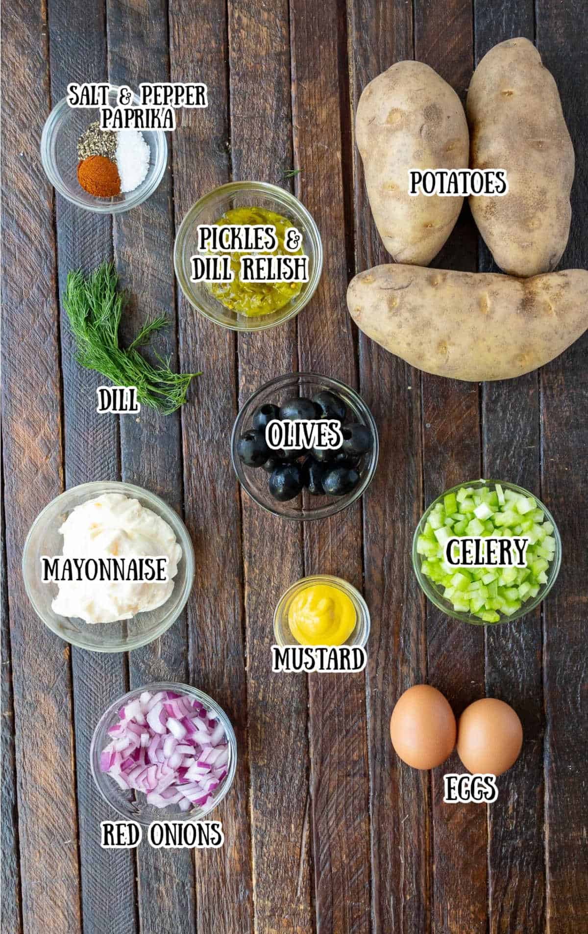 All the ingredients needed for this potato salad.
