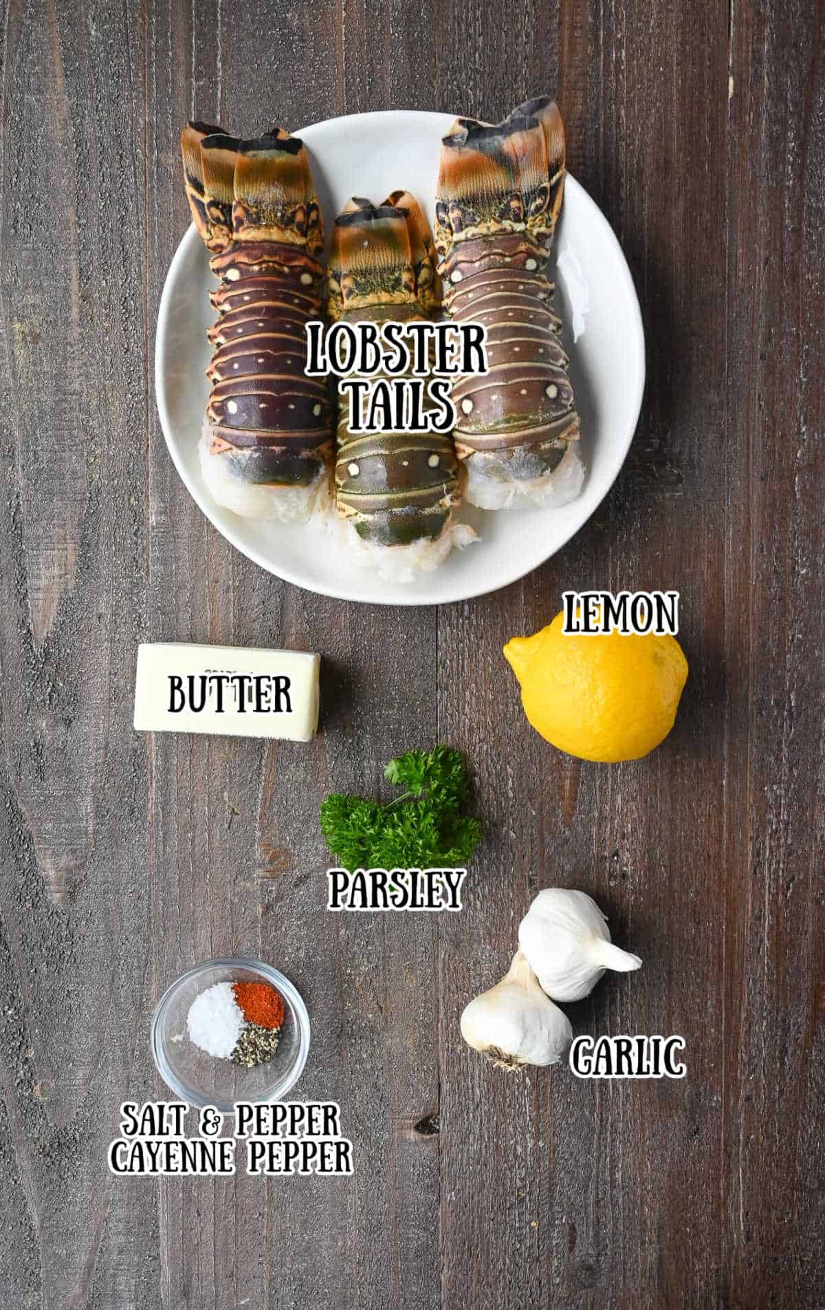 All the ingredients for broiled lobster tail.