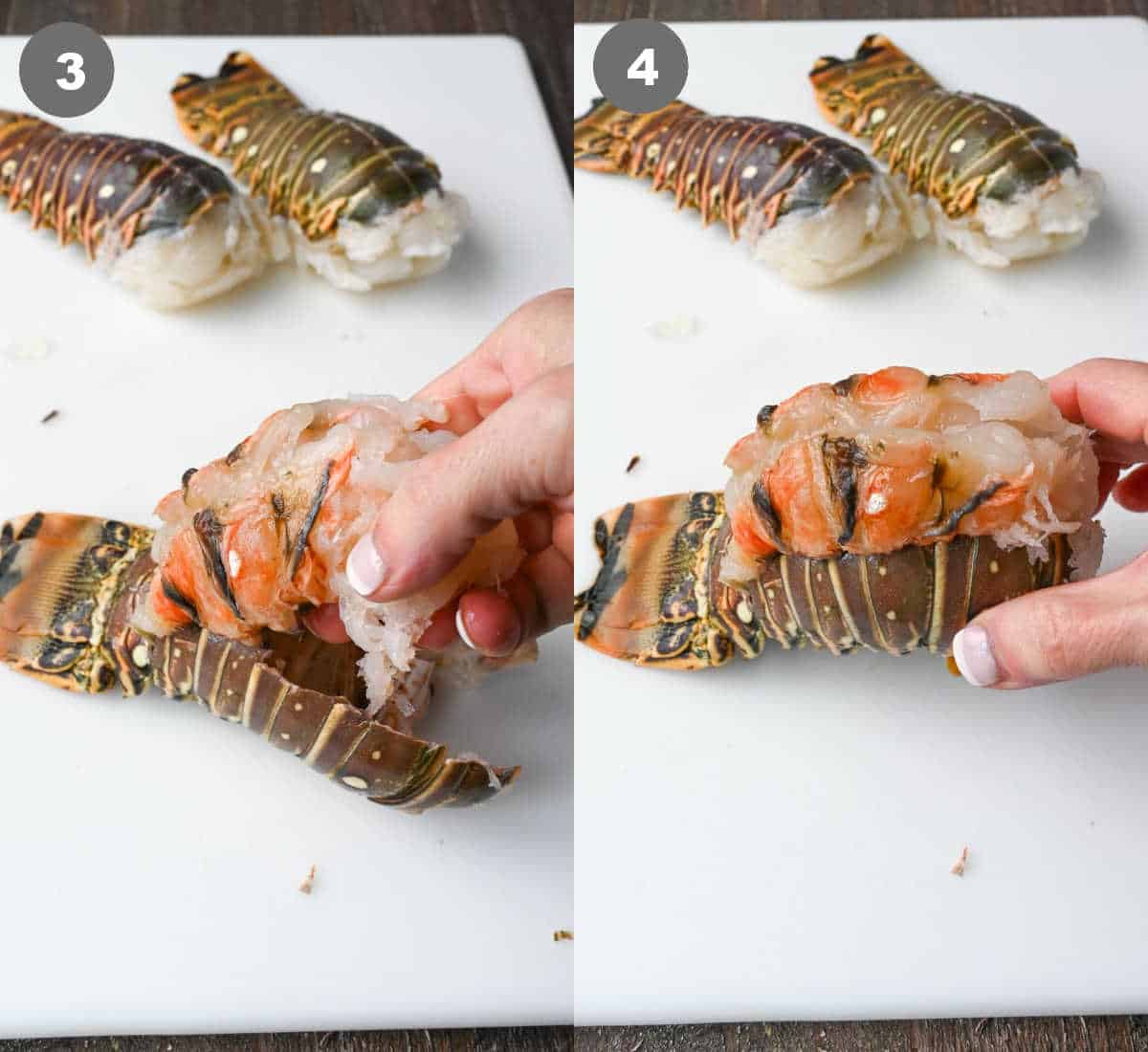 Raw lobster tail being cut out of the shell and placed on top to broil.