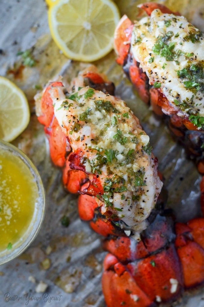 Lobster tails with a side of butter.