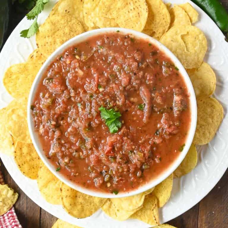 Salsa in a white bowl with tortilla chips all around.