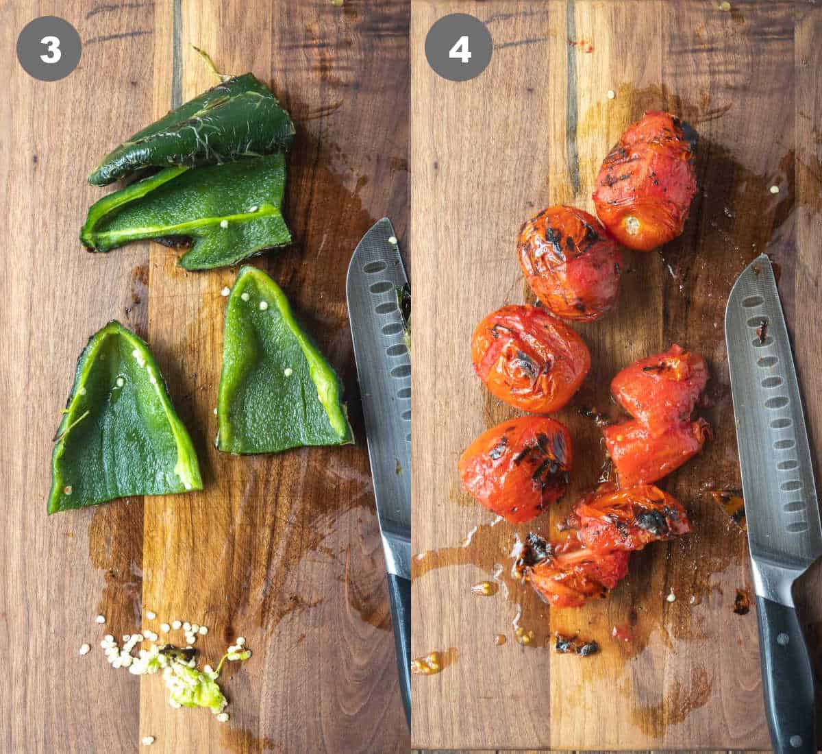 Poblano peppers cut up and seeded then roasted tomatoes cut up.