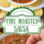 Fire roasted salsa in a white bowl with a chip scooping a bite out.