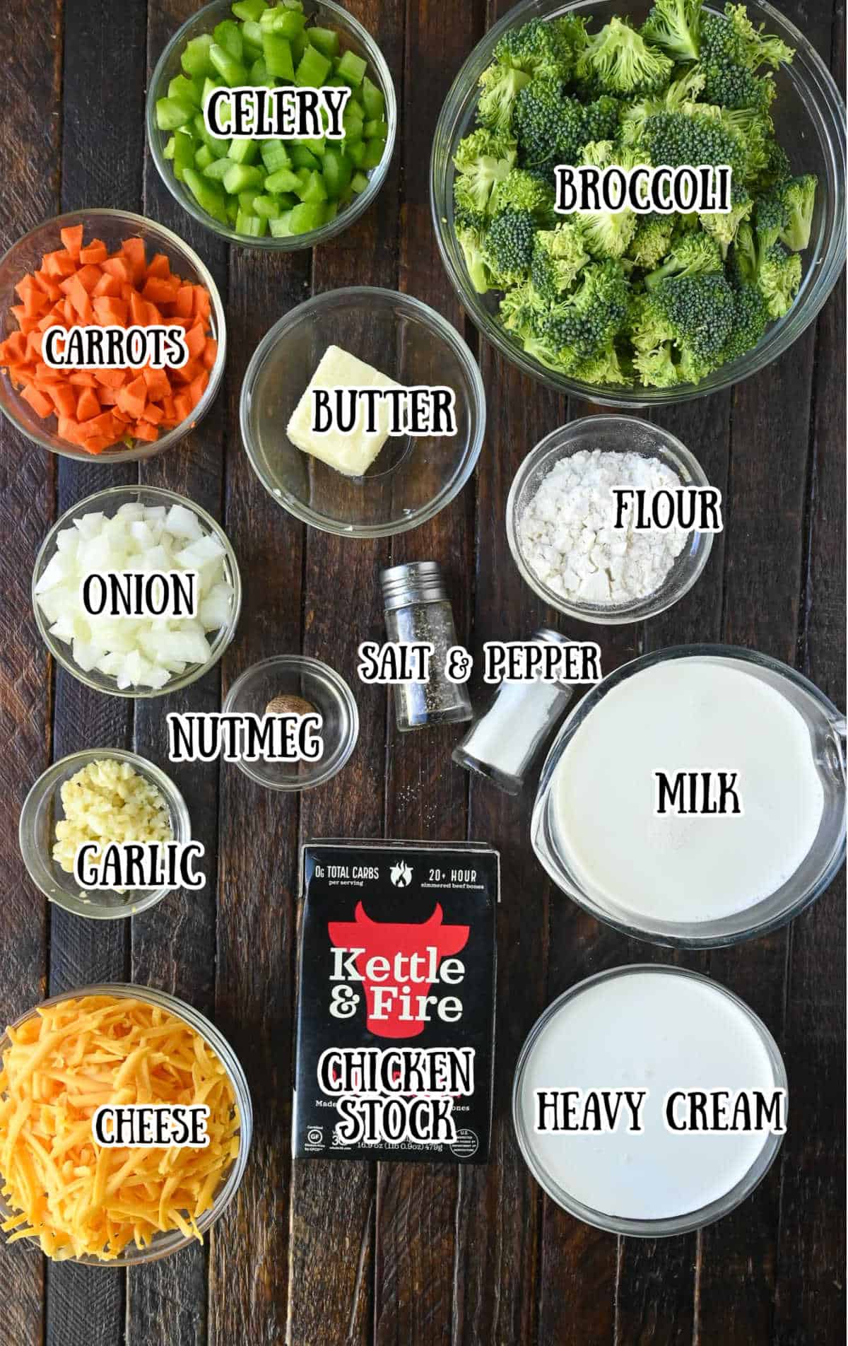 All the ingredients for this broccoli cheese soup.