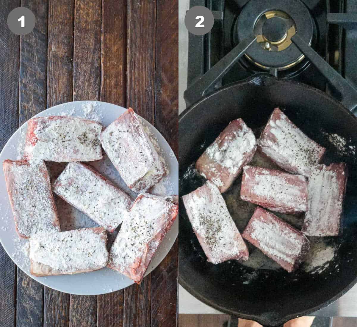 Short ribs sprinkled with flour on a plate then placed in a dutch oven.