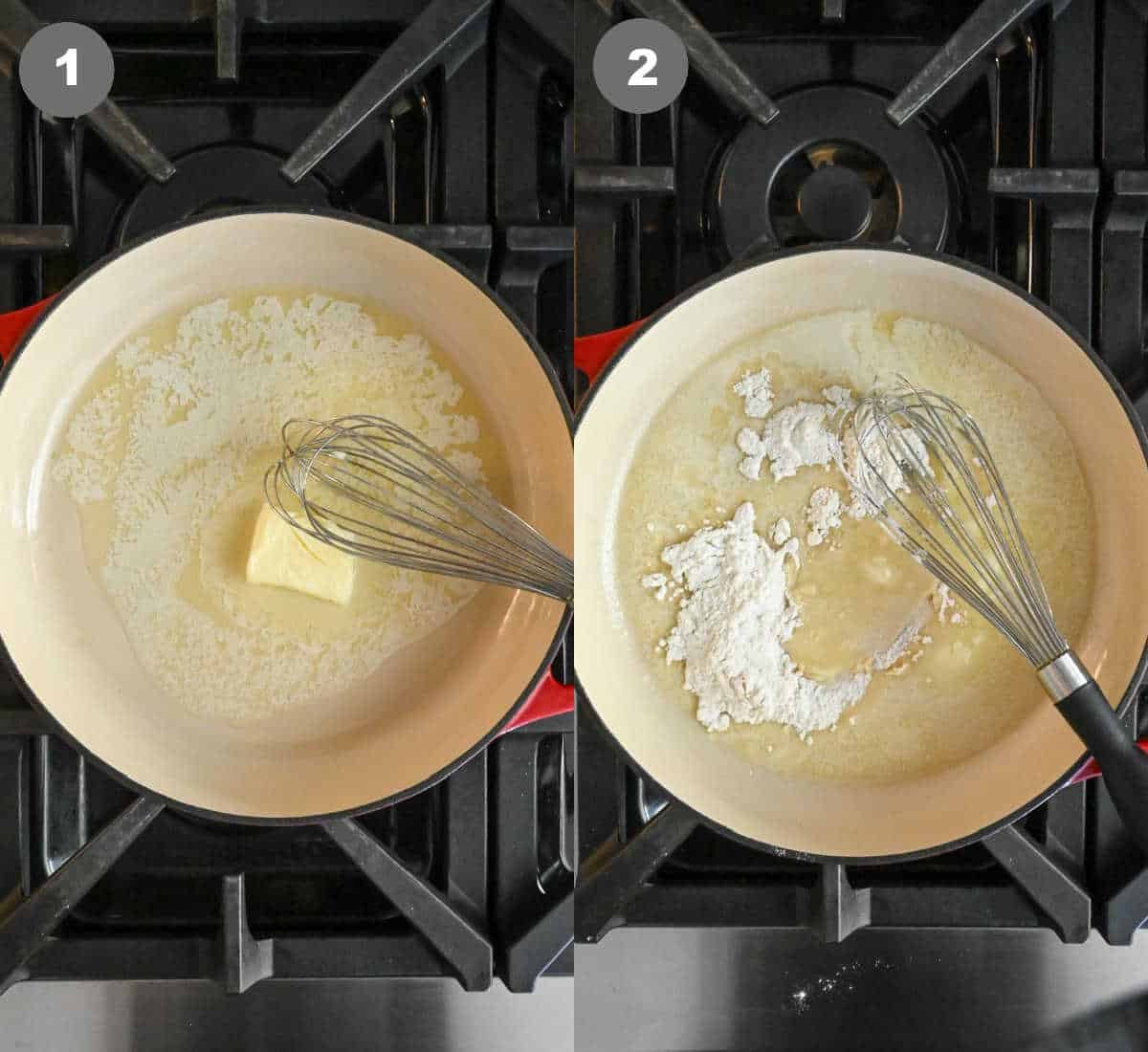 Butter melted into a skillet and flour whisked in.