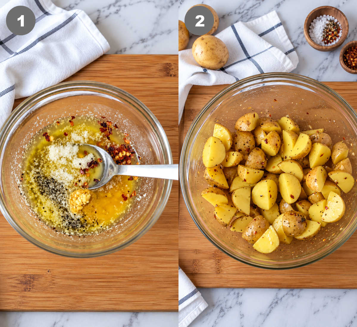 Sauce mixed in a bowl and tossed with potatoes.