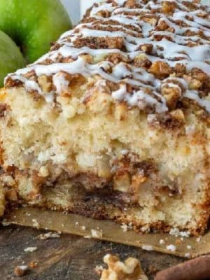 Apple cinnamon loaf with a slice cut away.