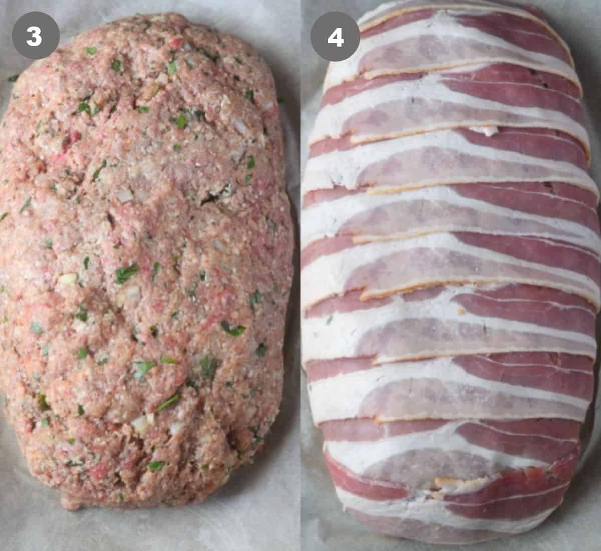 Meat shaped into a loaf wrapped with bacon.