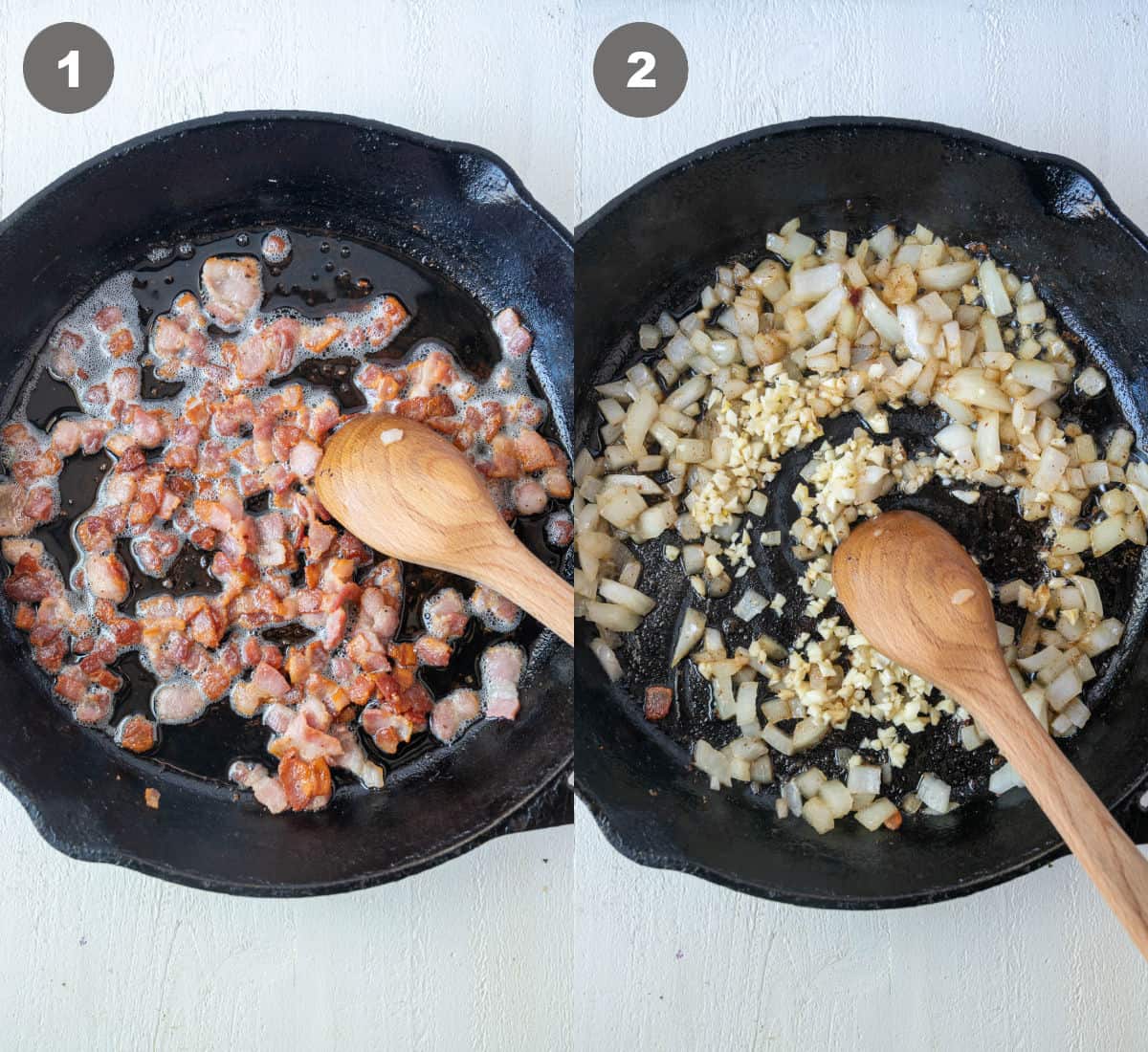 Bacon cooked in a skillet then onions and garlic.