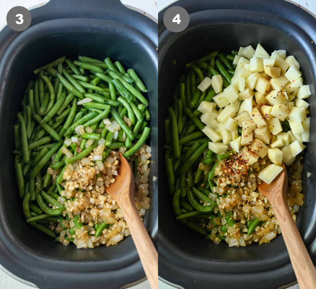 Bacon, onions and garlic added to the slow cooker with green beans, then diced potatoes added on top.