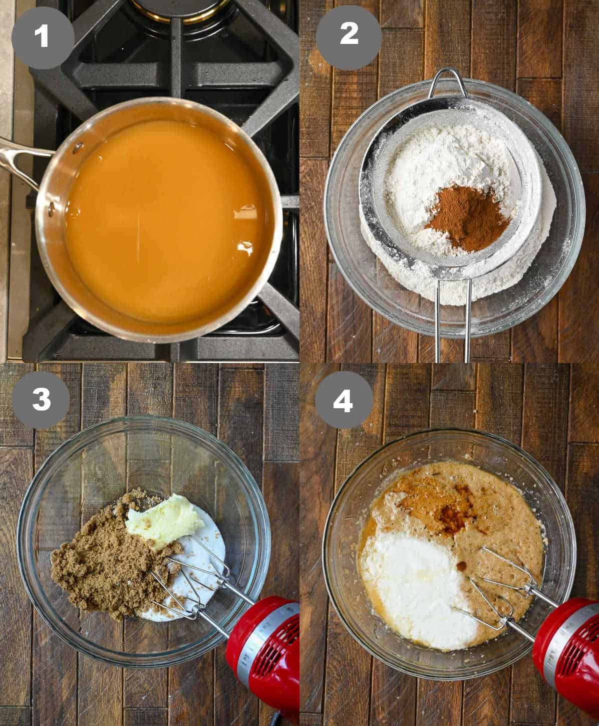 Apple cider in a saucepan. Dry ingredients being sifted into a bowl. Butter and sugars creamed together in a bowl then milk and eggs added in.