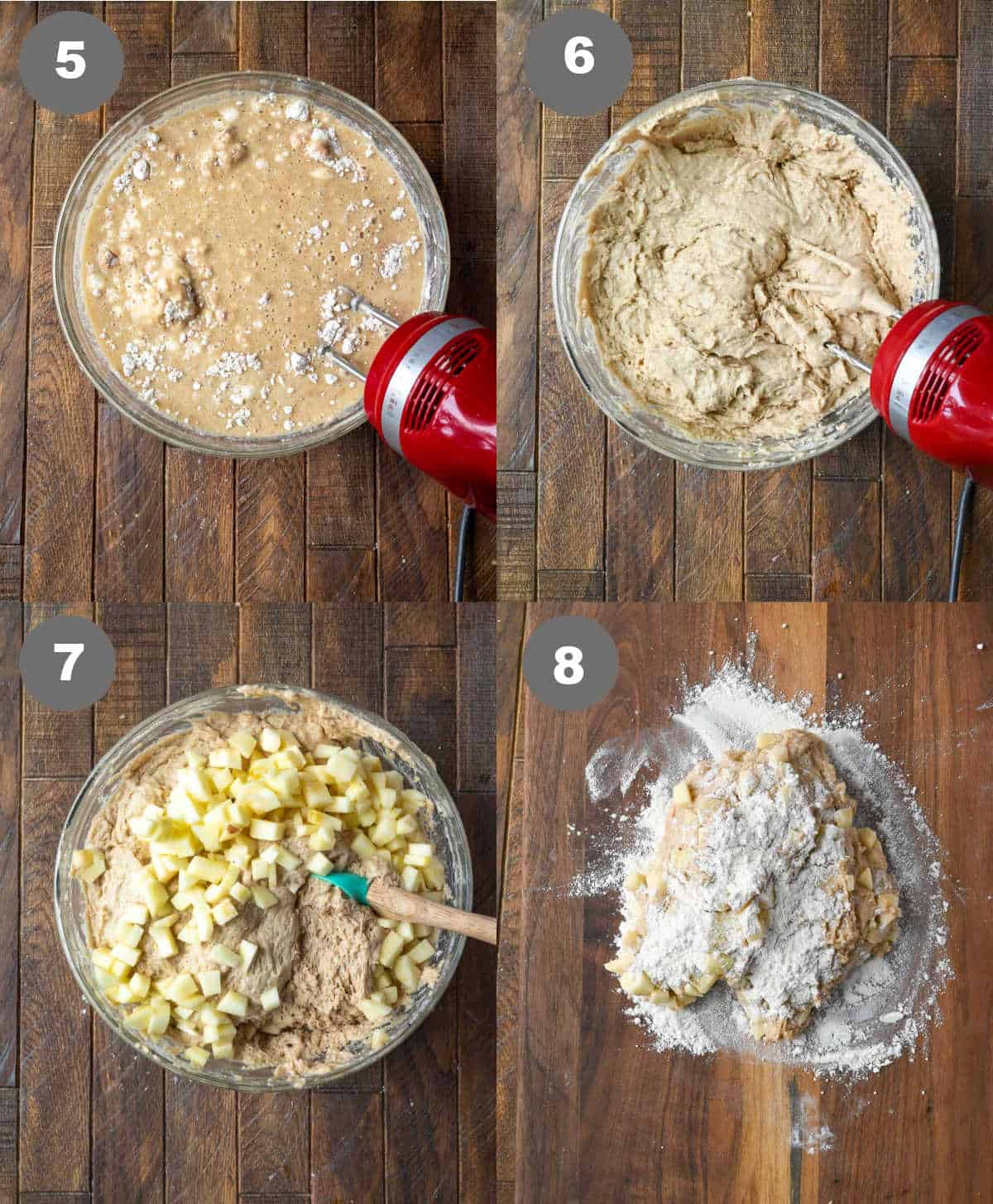 Wet ingredients mixed together in a bowl then apples added in and placed on a floured cutting board.