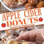 Apple cider donuts on a plate and one being picked up with a bite out of it Pinterest pin.