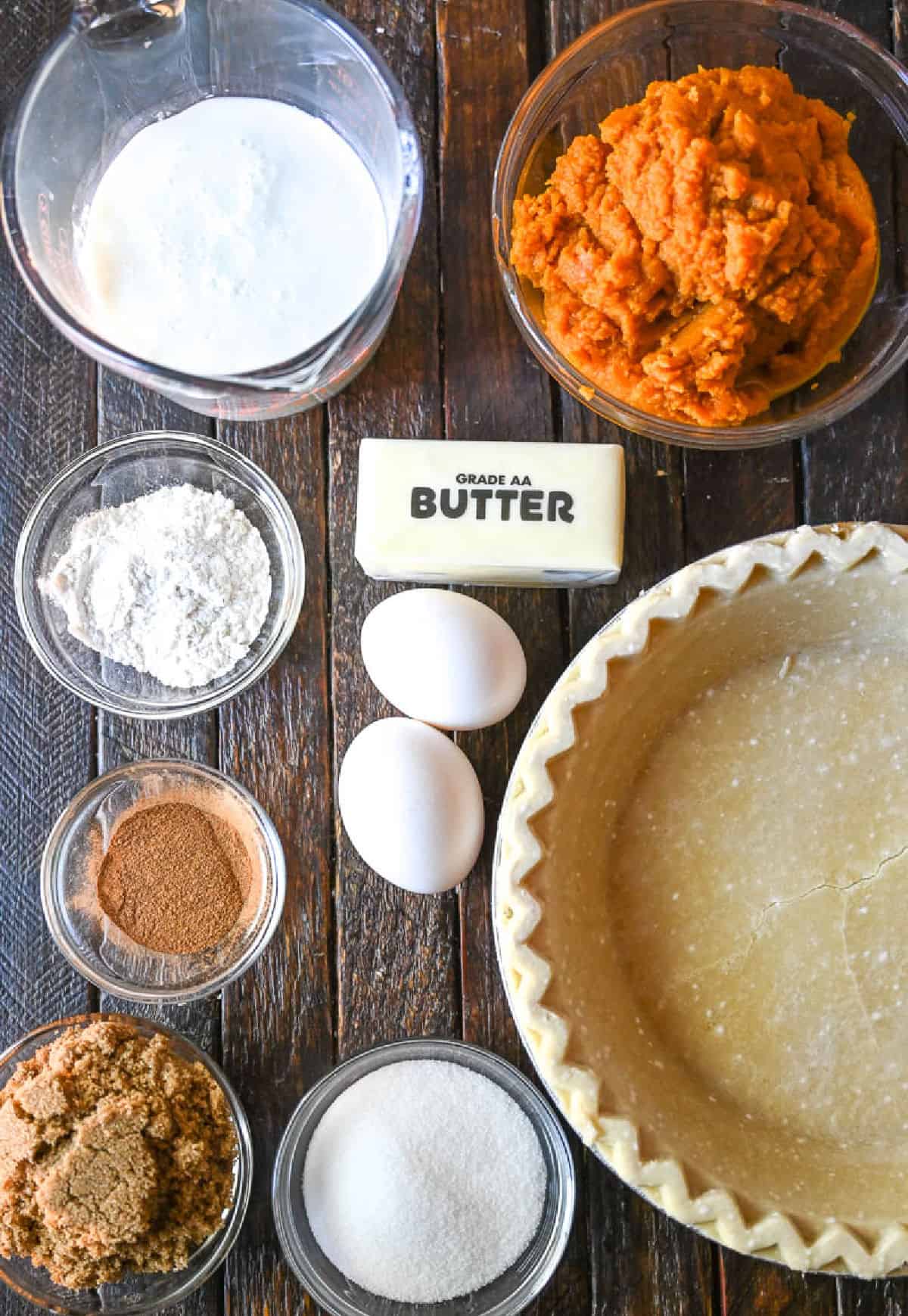 A photo of all the ingredients needed to make buttermilk pumpkin pie.