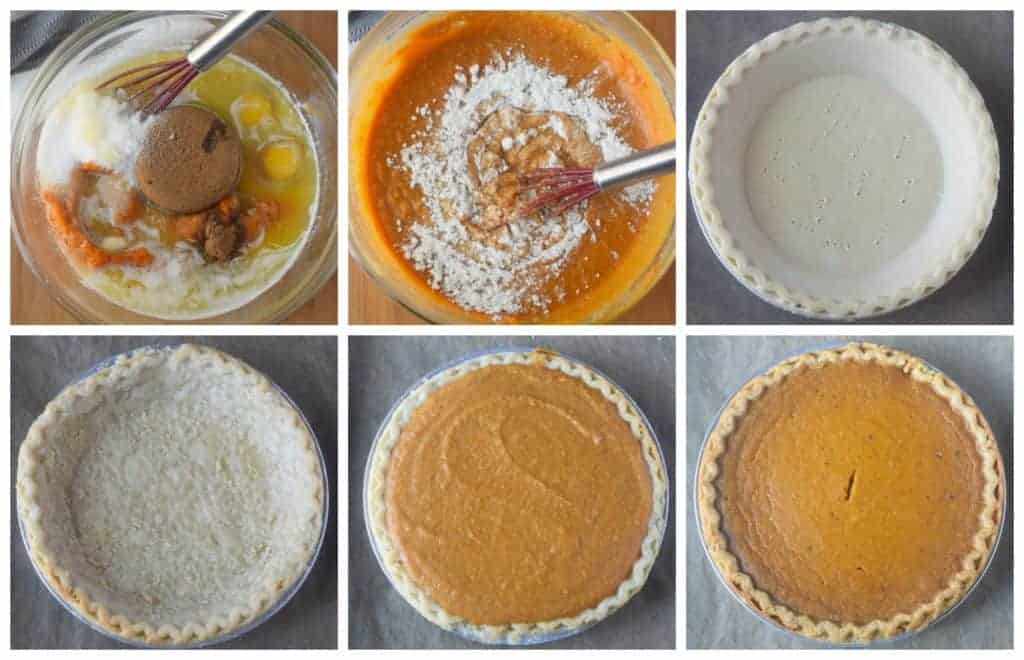 Six process photos. First one, all the filling ingredients in a bowl and whisked together. Second one, dry ingredients whisked in. Third one, stor bought crust with holes poked into the bottom. Fourth one, store bought crust baked out of the oven. Fifth one, filling placed into the crust. Sixth one, buttermilk pie fresh out of the oven.