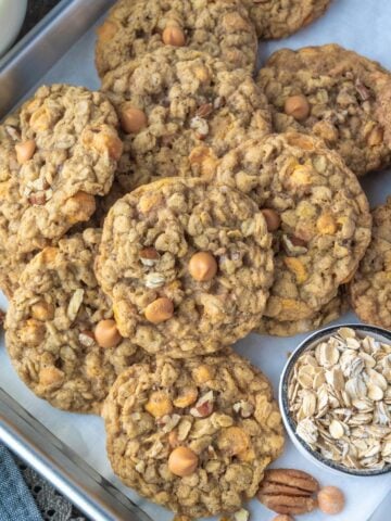 Caramel oatmeal cookies on a baking sheet.