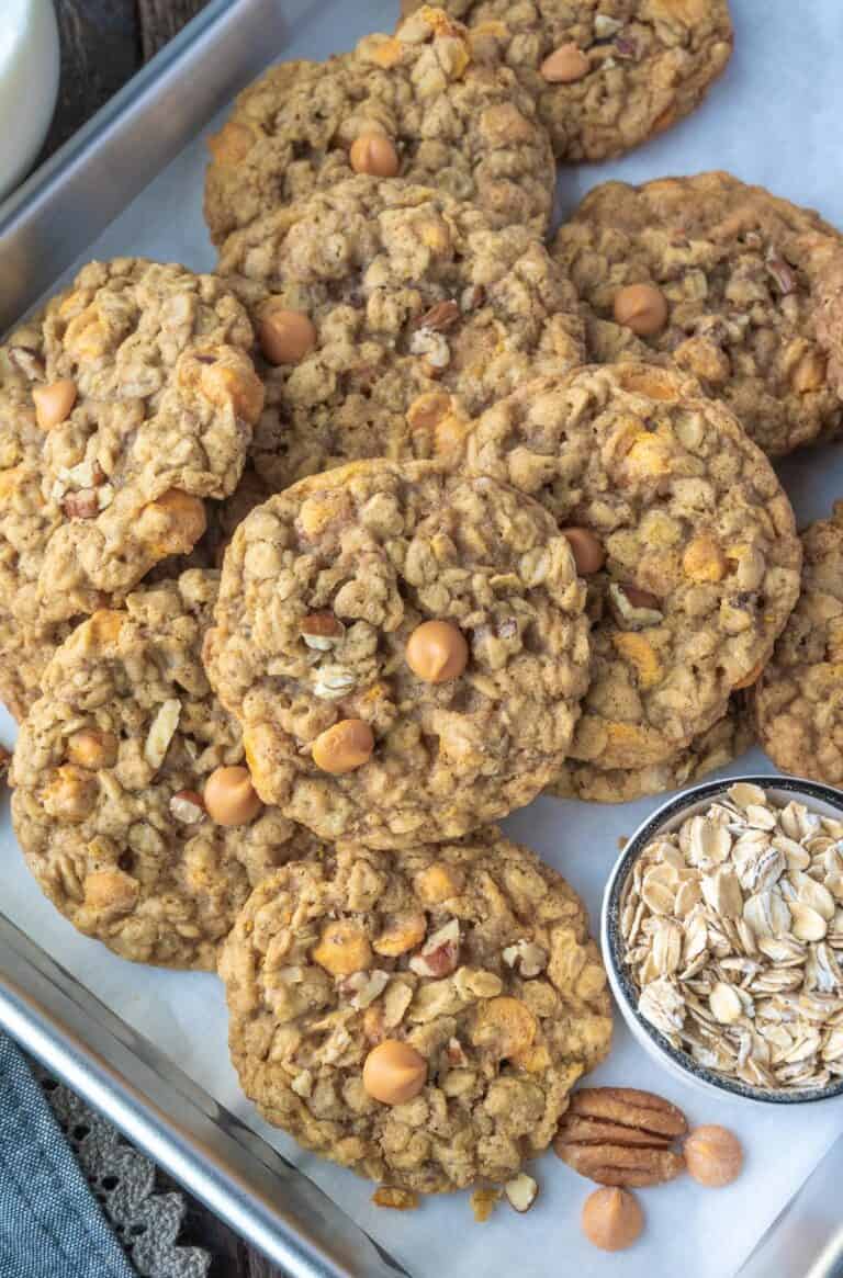Caramel oatmeal cookies on a baking sheet.