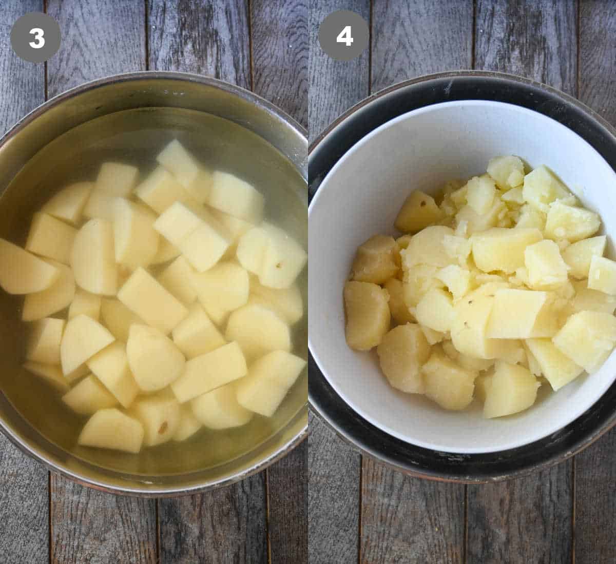 Diced up potatoes being boiled.