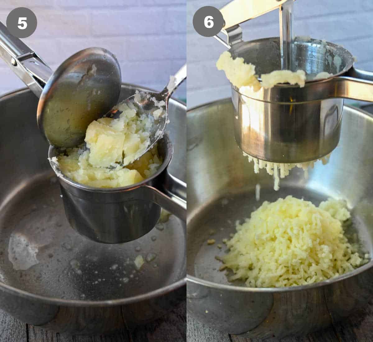 Cooked potatoes being pushed through a ricer.