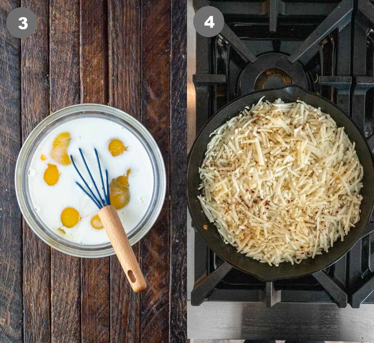 Eggs and milk whisked together in a bowl. Then hash browns added into the oven safe skillet.