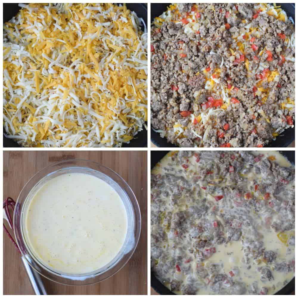 Four process photos. First one, shredded cheese added on top of the hash brown potatoes. Second one, cooked sausage added on top of the cheese. Third one, eggs whisked in a bowl. Fourth one, eggs poured on top of the casserole.
