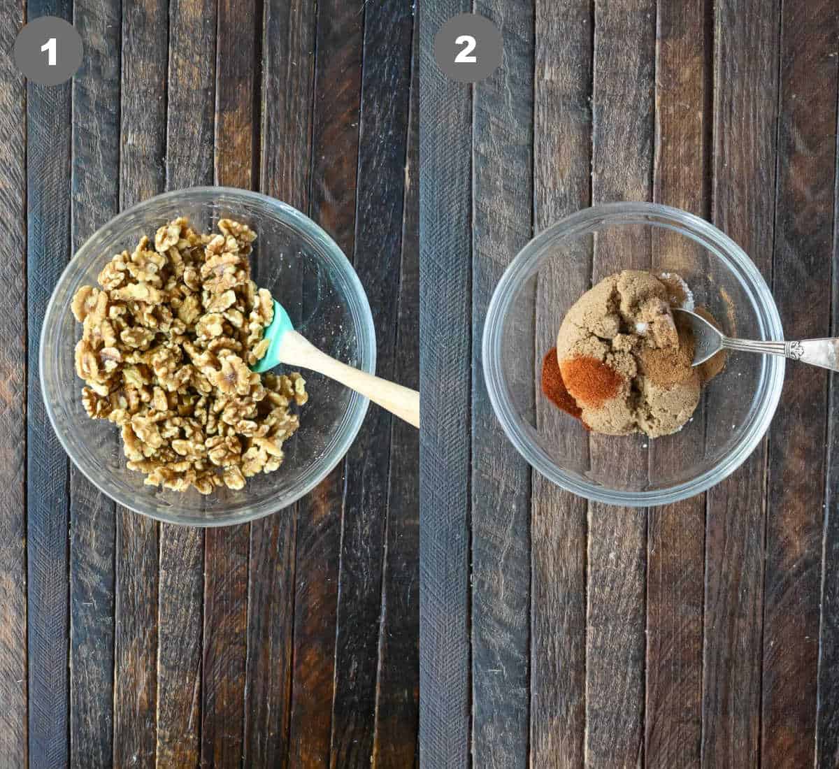 Walnuts in a bowl and brown sugar mixed in another bowl.