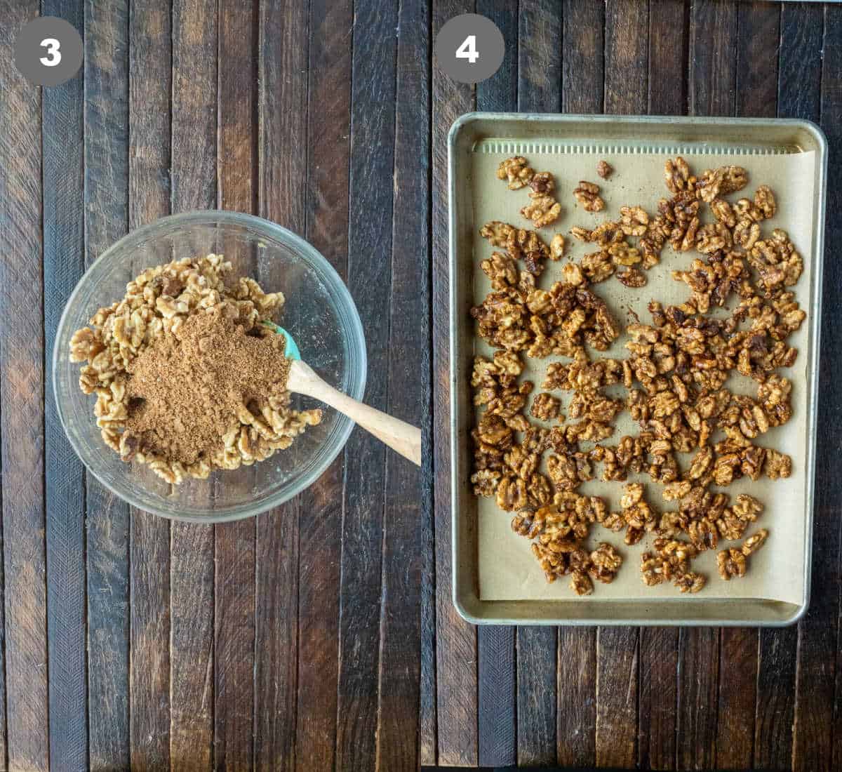 Sugar mixture mixed with the walnuts and placed on a baking sheet.