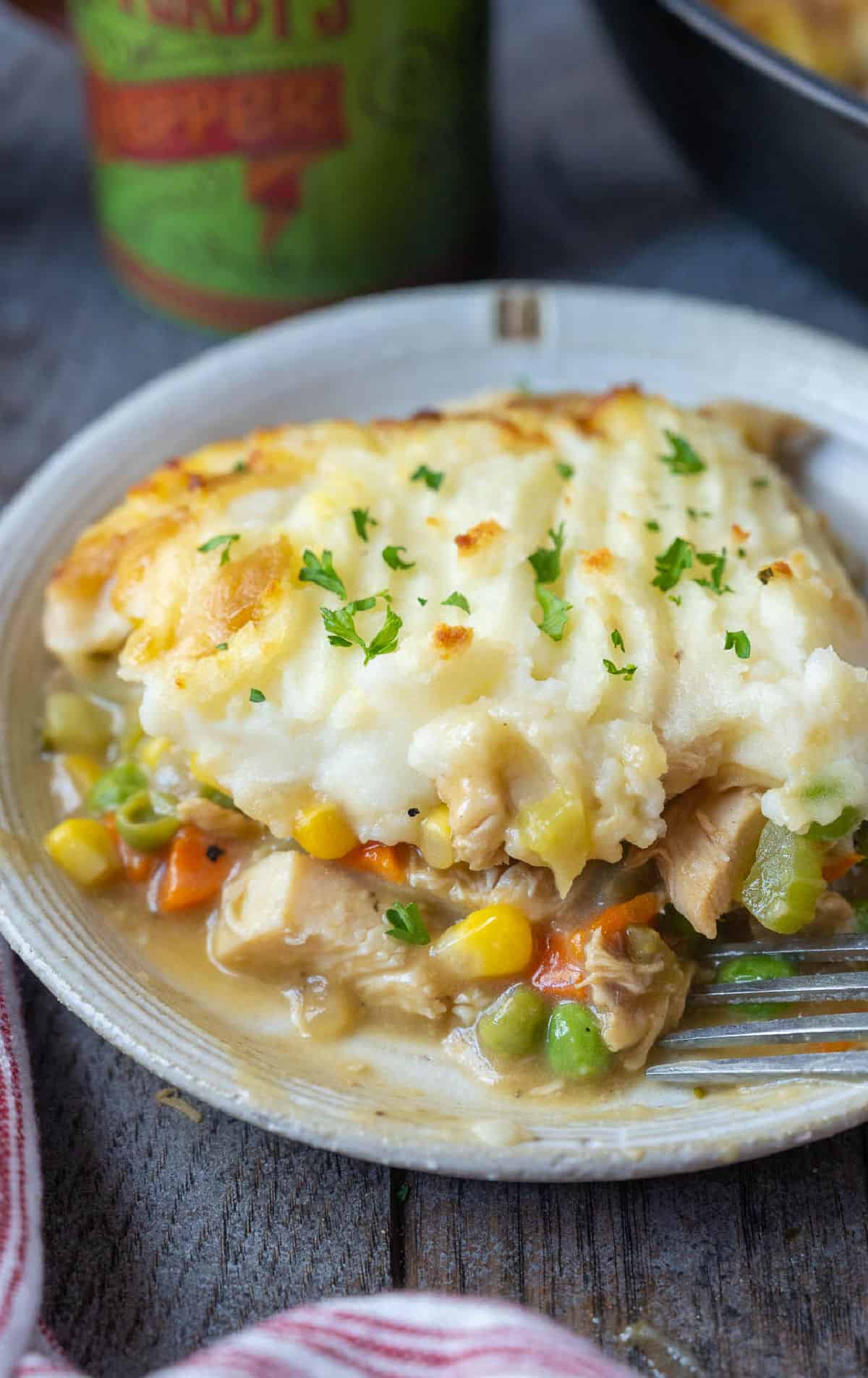 Turkey shepherd's pie on a plate with a fork.
