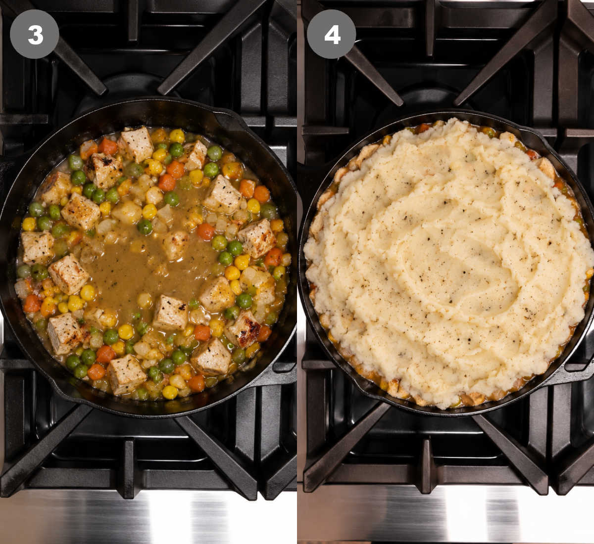 Gravy added into the skillet and mashed potatoes spread over the top.