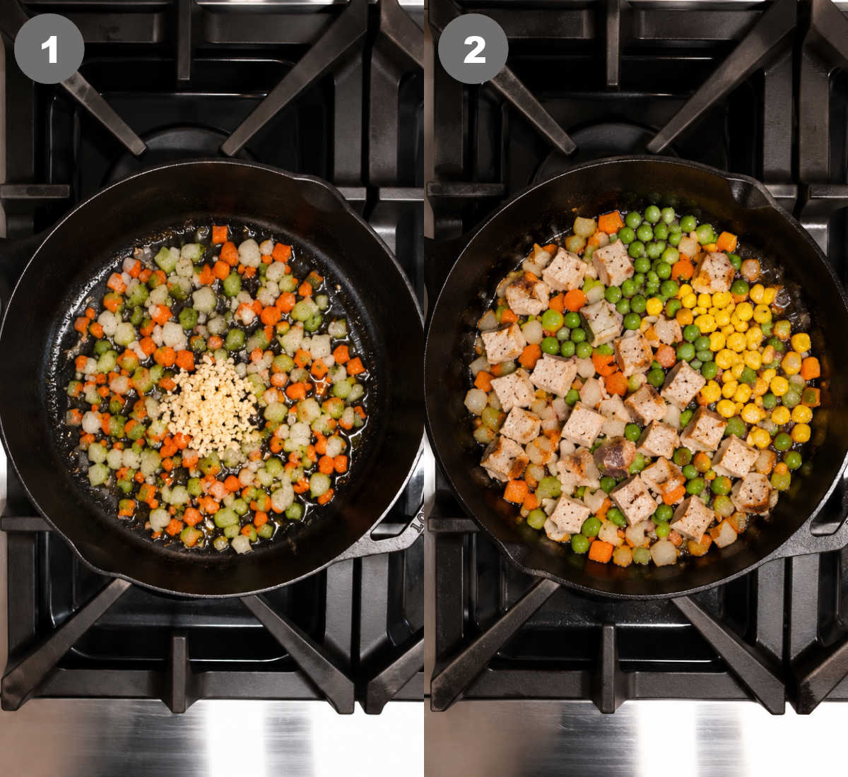 Veggies sauteed in a skillet then diced turkey corn and peas added.